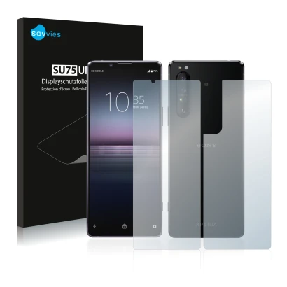 Vorderseite einer Produktverpackung mit dem Markenlogo Savvies. Daneben ist das Gerät Sony Xperia 1 II (Display+Rückseite) mit