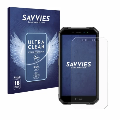 Vorderseite einer Produktverpackung mit dem Markenlogo Savvies. Daneben ist das Gerät Ulefone Armor X6 mit dem zugehörigen Dis