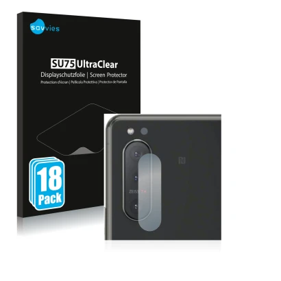 Vorderseite einer Produktverpackung mit dem Markenlogo Savvies. Daneben ist das Gerät Sony Xperia 5 II (NUR Kameraschutz) mit 