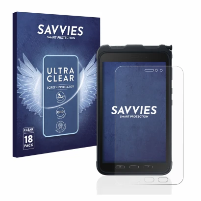 Vorderseite einer Produktverpackung mit dem Markenlogo Savvies. Daneben ist das Gerät Samsung Galaxy Tab Active 3 mit dem zuge