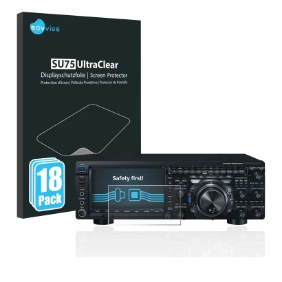 Vorderseite einer Produktverpackung mit dem Markenlogo Savvies. Daneben ist das Gerät Yaesu FT-DX101D mit dem zugehörigen Disp