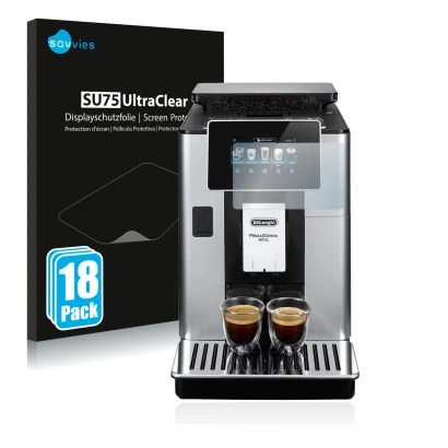 Vorderseite einer Produktverpackung mit dem Markenlogo Savvies. Daneben ist das Gerät DeLonghi PrimaDonna Soul ECAM610.55.SB m