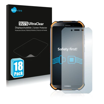 Vorderseite einer Produktverpackung mit dem Markenlogo Savvies. Daneben ist das Gerät Doogee S40 Pro mit dem zugehörigen Displ