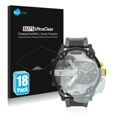 Vorderseite einer Produktverpackung mit dem Markenlogo Savvies. Daneben ist das Gerät Diesel DZ7422 Mr. Daddy 2.0 mit dem zuge