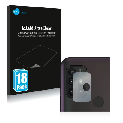 Vorderseite einer Produktverpackung mit dem Markenlogo Savvies. Daneben ist das Gerät Motorola Moto G30 (NUR Kameraschutz) mit