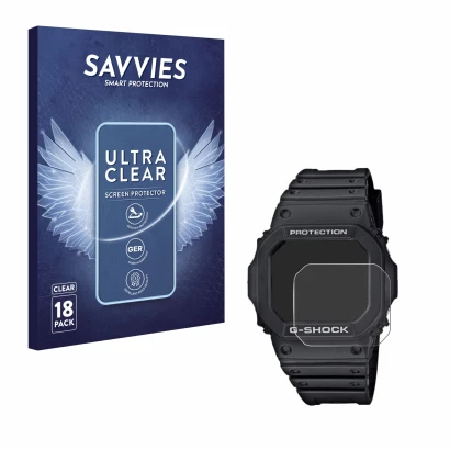 Vorderseite einer Produktverpackung mit dem Markenlogo Savvies. Daneben ist das Gerät Casio G-Shock GW-M5610-1ER mit dem zugeh