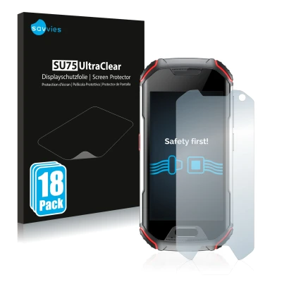 Vorderseite einer Produktverpackung mit dem Markenlogo Savvies. Daneben ist das Gerät Unihertz Atom XL mit dem zugehörigen Dis