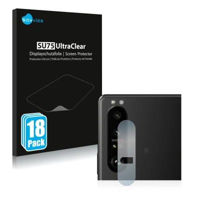 Vorderseite einer Produktverpackung mit dem Markenlogo Savvies. Daneben ist das Gerät Sony Xperia 1 III (NUR Kameraschutz) mit