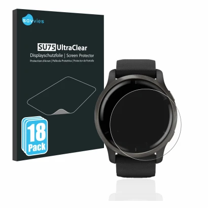 Vorderseite einer Produktverpackung mit dem Markenlogo Savvies. Daneben ist das Gerät Garmin Venu 2 mit dem zugehörigen Displa