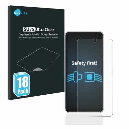 Vorderseite einer Produktverpackung mit dem Markenlogo Savvies. Daneben ist das Gerät Samsung Galaxy S21 FE 5G mit dem zugehör