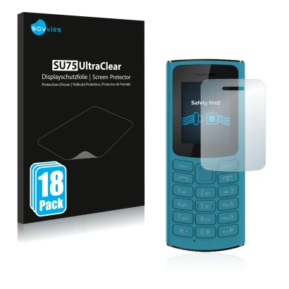 Vorderseite einer Produktverpackung mit dem Markenlogo Savvies. Daneben ist das Gerät Nokia 105 4G 2021 mit dem zugehörigen Di