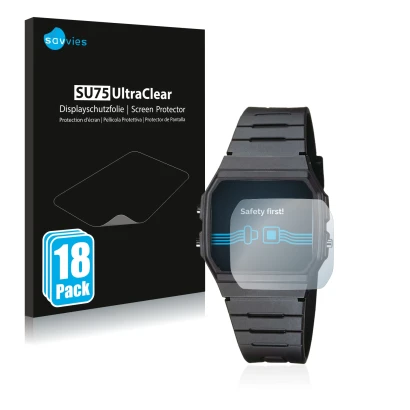 Vorderseite einer Produktverpackung mit dem Markenlogo Savvies. Daneben ist das Gerät Casio Collection Unisex F-91W mit dem zu