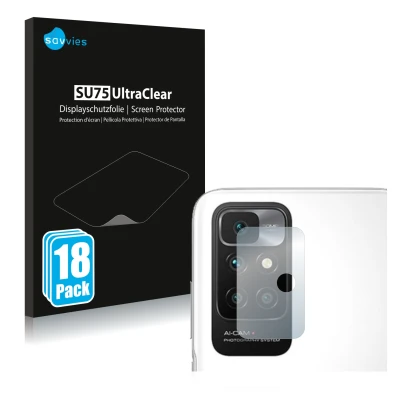 Vorderseite einer Produktverpackung mit dem Markenlogo Savvies. Daneben ist das Gerät Xiaomi Redmi 10 (NUR Kameraschutz) mit d