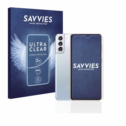 Vorderseite einer Produktverpackung mit dem Markenlogo Savvies. Daneben ist das Gerät Samsung Galaxy S21 5G (Display+Kamera) m