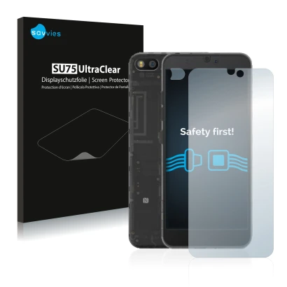 Vorderseite einer Produktverpackung mit dem Markenlogo Savvies. Daneben ist das Gerät Fairphone 3 (Display+Kamera) mit dem zug