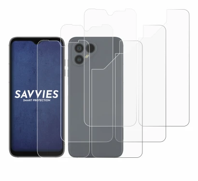 Abbildung des Geräts Fairphone 4 (Display+Rückseite) mit einer Vielzahl des Displayschutzes.