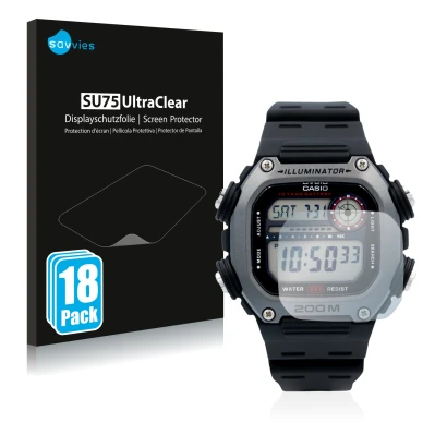 Vorderseite einer Produktverpackung mit dem Markenlogo Savvies. Daneben ist das Gerät Casio DW-291H mit dem zugehörigen Displa