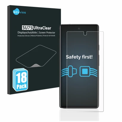 Vorderseite einer Produktverpackung mit dem Markenlogo Savvies. Daneben ist das Gerät Google Pixel 6a mit dem zugehörigen Disp