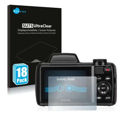 Vorderseite einer Produktverpackung mit dem Markenlogo Savvies. Daneben ist das Gerät Kodak Pixpro AZ525 mit dem zugehörigen D