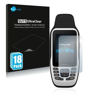 Vorderseite einer Produktverpackung mit dem Markenlogo Savvies. Daneben ist das Gerät Garmin GPSMAP 79s mit dem zugehörigen Di