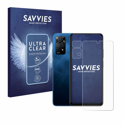 Vorderseite einer Produktverpackung mit dem Markenlogo Savvies. Daneben ist das Gerät Xiaomi Redmi Note 11 Pro 5G (Display+Kam