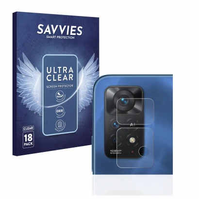 Vorderseite einer Produktverpackung mit dem Markenlogo Savvies. Daneben ist das Gerät Xiaomi Redmi Note 11 Pro 5G (NUR Kameras