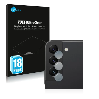 Vorderseite einer Produktverpackung mit dem Markenlogo Savvies. Daneben ist das Gerät Samsung Galaxy S22 5G (NUR Kameraschutz)