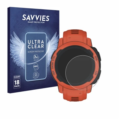 Vorderseite einer Produktverpackung mit dem Markenlogo Savvies. Daneben ist das Gerät Garmin Instinct 2S mit dem zugehörigen D