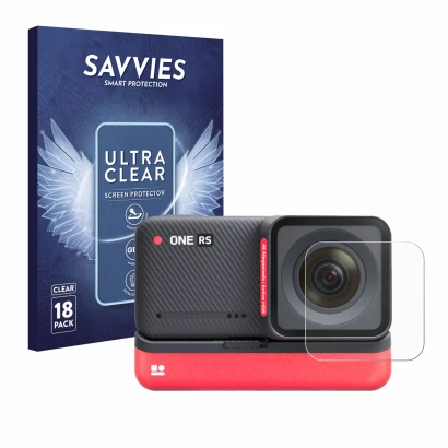 Vorderseite einer Produktverpackung mit dem Markenlogo Savvies. Daneben ist das Gerät Insta360 One RS 4K Edition (Linse) mit d