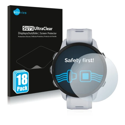 Vorderseite einer Produktverpackung mit dem Markenlogo Savvies. Daneben ist das Gerät Garmin Forerunner 955 Solar mit dem zuge