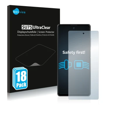 Vorderseite einer Produktverpackung mit dem Markenlogo Savvies. Daneben ist das Gerät Blackview A100 mit dem zugehörigen Displ