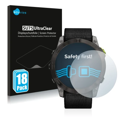 Vorderseite einer Produktverpackung mit dem Markenlogo Savvies. Daneben ist das Gerät Garmin Enduro 2 mit dem zugehörigen Disp