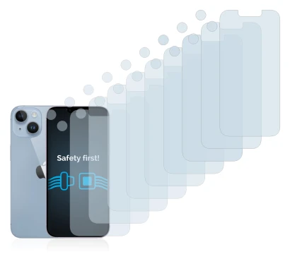 Abbildung des Geräts Apple iPhone 14 (Display+Kamera) mit einer Vielzahl des Displayschutzes.