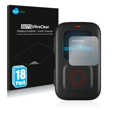 Vorderseite einer Produktverpackung mit dem Markenlogo Savvies. Daneben ist das Gerät GoPro Remote mit dem zugehörigen Display