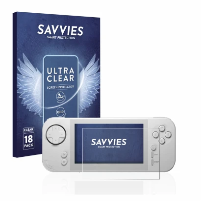 Vorderseite einer Produktverpackung mit dem Markenlogo Savvies. Daneben ist das Gerät Evercade EXP mit dem zugehörigen Display