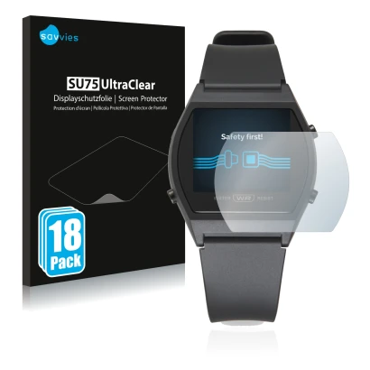 Vorderseite einer Produktverpackung mit dem Markenlogo Savvies. Daneben ist das Gerät Casio LW-204-1BEF mit dem zugehörigen Di