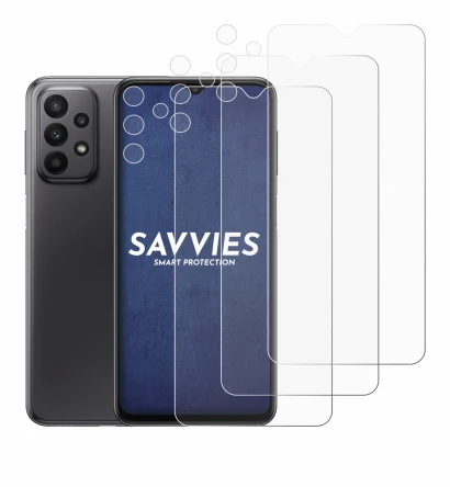Abbildung des Geräts Samsung Galaxy A23 5G (Display+Kamera) mit einer Vielzahl des Displayschutzes.