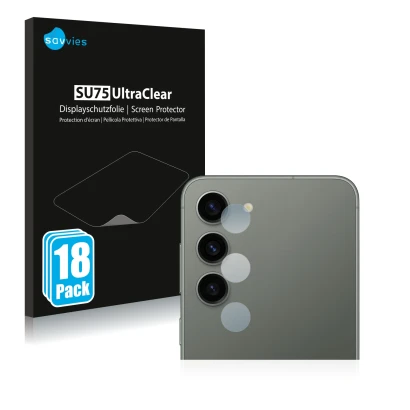 Vorderseite einer Produktverpackung mit dem Markenlogo Savvies. Daneben ist das Gerät Samsung Galaxy S23 (NUR Kameraschutz) mi