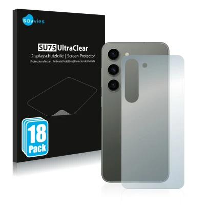 Vorderseite einer Produktverpackung mit dem Markenlogo Savvies. Daneben ist das Gerät Samsung Galaxy S23 (Rückseite) mit dem z