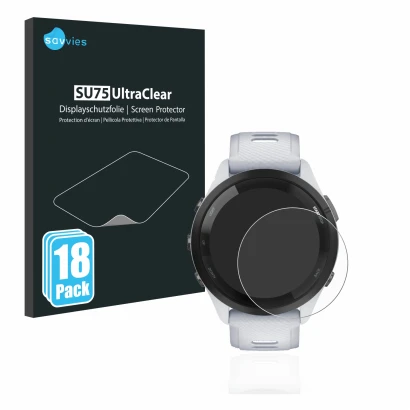 Vorderseite einer Produktverpackung mit dem Markenlogo Savvies. Daneben ist das Gerät Garmin Forerunner 265 (46 mm) mit dem zu