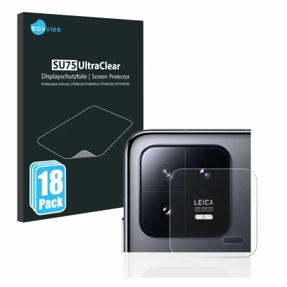 Vorderseite einer Produktverpackung mit dem Markenlogo Savvies. Daneben ist das Gerät Xiaomi 13 (NUR Kameraschutz) mit dem zug