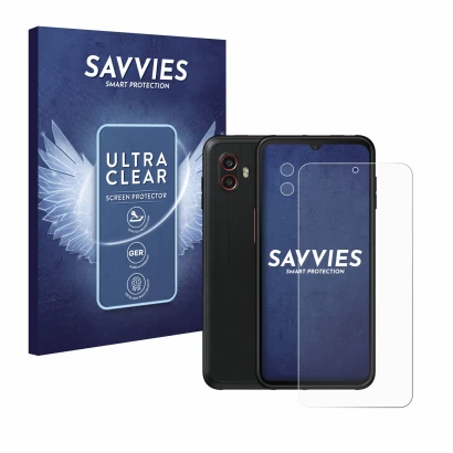 Vorderseite einer Produktverpackung mit dem Markenlogo Savvies. Daneben ist das Gerät Samsung Galaxy XCover 6 Pro Enterprise E