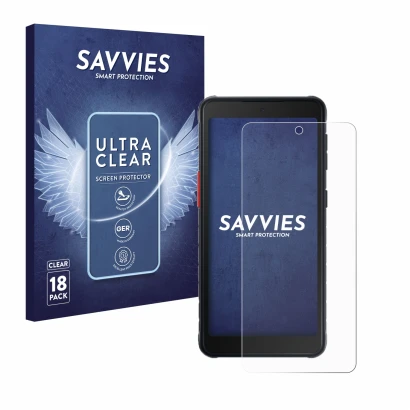 Vorderseite einer Produktverpackung mit dem Markenlogo Savvies. Daneben ist das Gerät Samsung Galaxy XCover 5 Enterprise Editi