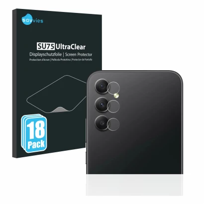 Vorderseite einer Produktverpackung mit dem Markenlogo Savvies. Daneben ist das Gerät Samsung Galaxy A34 5G (NUR Kameraschutz)