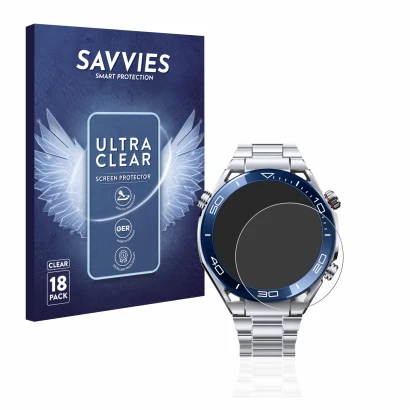 Vorderseite einer Produktverpackung mit dem Markenlogo Savvies. Daneben ist das Gerät Huawei Watch Ultimate (48.5 mm) mit dem 