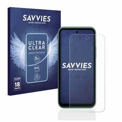 Vorderseite einer Produktverpackung mit dem Markenlogo Savvies. Daneben ist das Gerät Nokia XR21 mit dem zugehörigen Displaysc