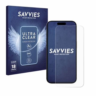 Vorderseite einer Produktverpackung mit dem Markenlogo Savvies. Daneben ist das Gerät Apple iPhone 15 Pro Max mit dem zugehöri