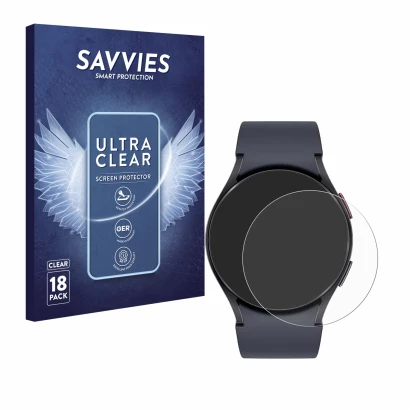 Vorderseite einer Produktverpackung mit dem Markenlogo Savvies. Daneben ist das Gerät Samsung Galaxy Watch 6 (44 mm) mit dem z