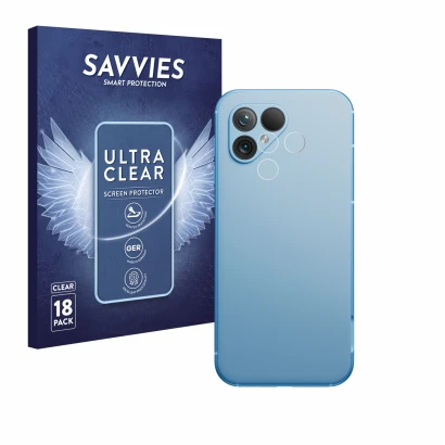 Vorderseite einer Produktverpackung mit dem Markenlogo Savvies. Daneben ist das Gerät Fairphone 5 (NUR Kameraschutz) mit dem z