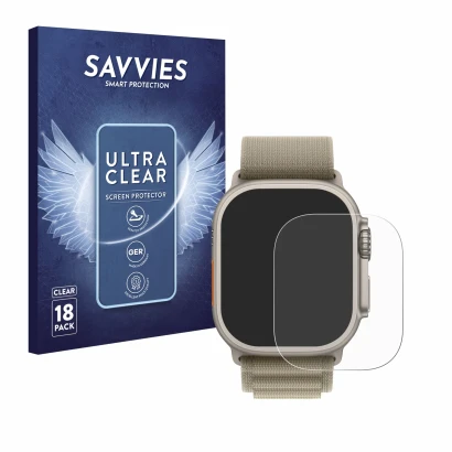 Vorderseite einer Produktverpackung mit dem Markenlogo Savvies. Daneben ist das Gerät Apple Watch Ultra 2 (49 mm) mit dem zuge